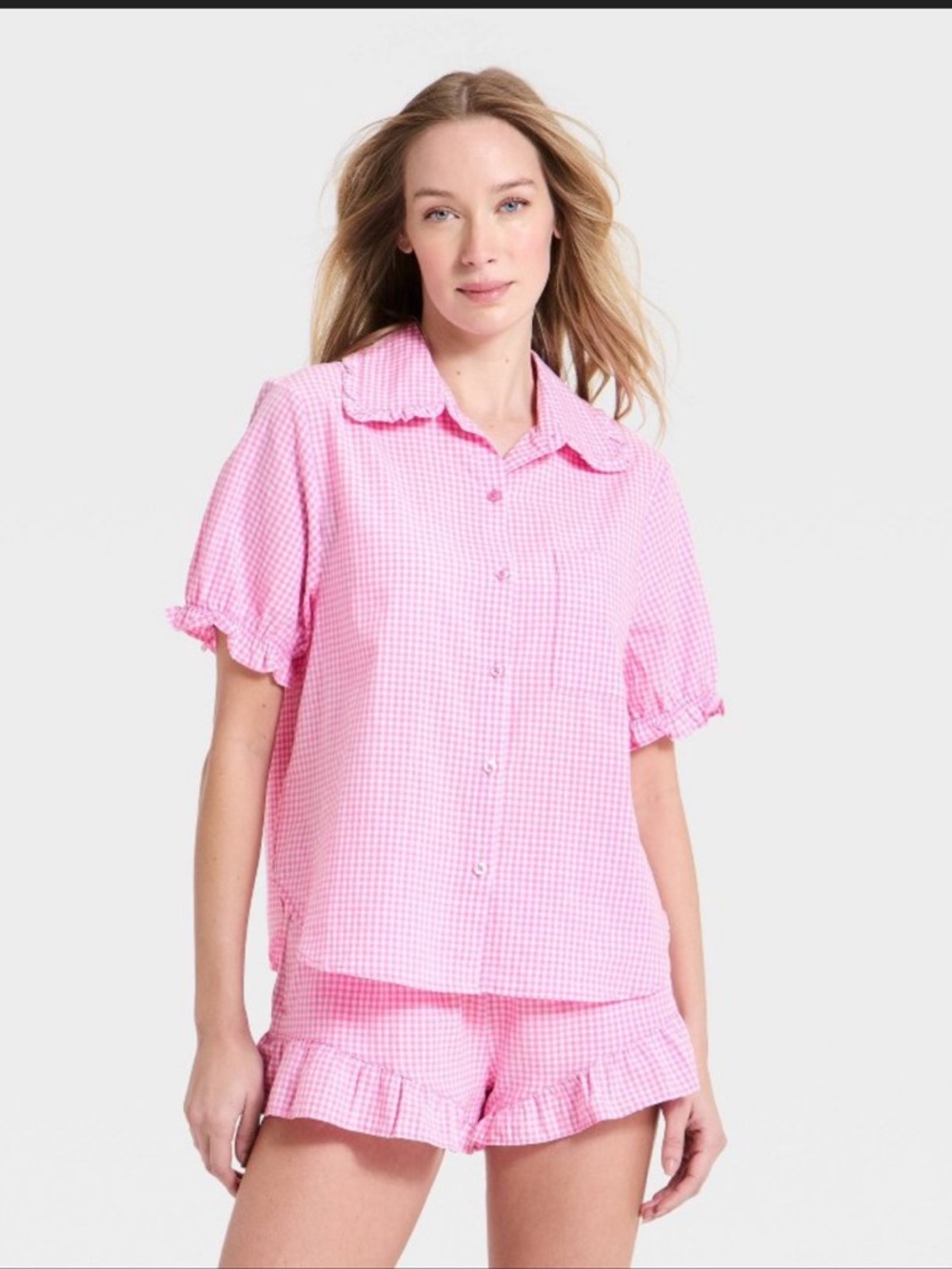 Pink Gingham Ruffle Short Pajama Set M